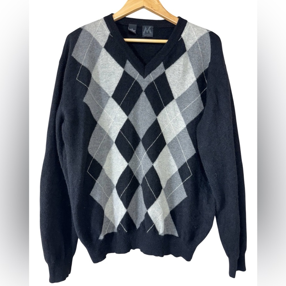 M Made in Italy 100% Cashmere Black / Argyle Vneck Sweater  | Mens XL